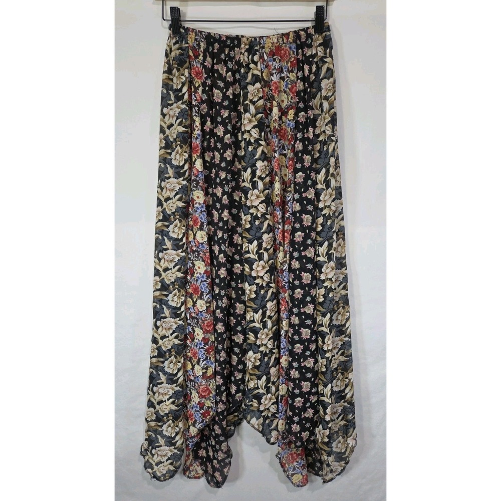 Leoniak Maxi Sheer Skirt Women L Black Floral Georgette Patchwork Handkerchief